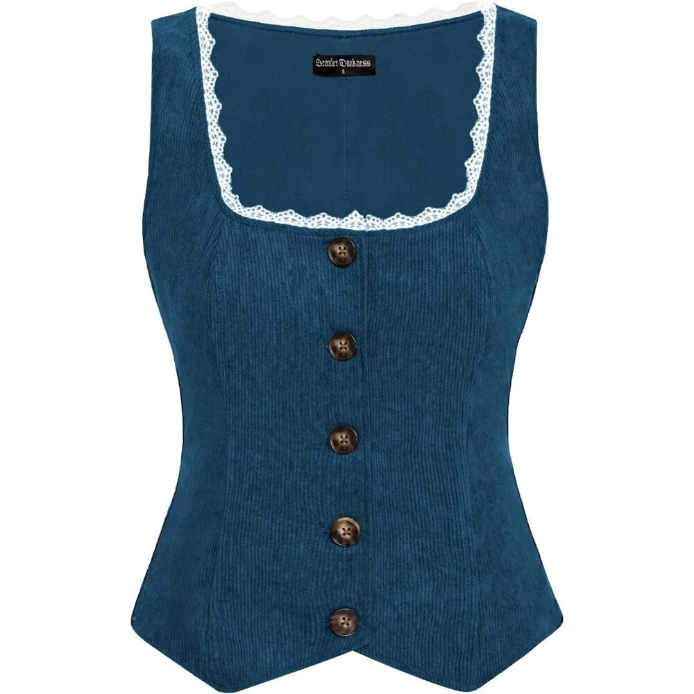 Women Corduroy Vintage Button Down Vest Renaissance Pirate Waistcoat